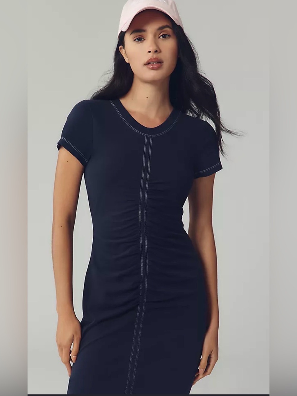 Anthropologie NWT Navy Ruched Seam cotton Bodycon Tee Dress XXS - Picture 2 of 9